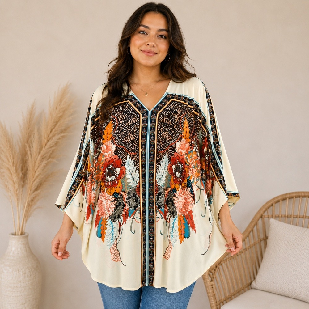 Rose + Olive Womens 3X Floral Kaftan Blouse Boho Kimono Sleeve V-Neck Cream Top